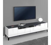 Mueble de tv 200 x 40 cm 2 compartimentos 2 cajones blanco brillante pizarra young