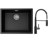 Cecipa max fregadero 1 seno de cuarzo y resina negro gris 55*44*20cm + mezclador de cocina de muelle negro con ducha extraíble