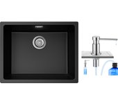 Cecipa max fregadero de lavabo 1 en cuarzo y resina, 3 opciones de montaje, 55*44*20cm + dispensador de jabón de cocina cromado 300ml