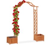 Relaxdays arco jardín con 2 maceteros, madera, marrón anaranjado, 209 x 181 x 60 cm