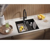 Primagran fregadero cocina negro 56x47cm, fregadero granito 1 seno + sifón + accesorios, fregadero sobre encimera al mueble 60cm - prague slim
