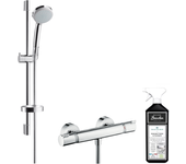 Hansgrohe mezclador termostático de ducha ecostat comfort + pack rociador croma 100 + barra de ducha 65 cm + limpiador briochin