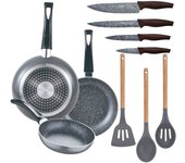 Set 3pc sarten (16+20+24cm) aluminio prensado, inducción, negra soul marble con set 3pc utensilios de cocina silicona madera con set 4pc cuchillos ac
