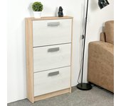 Meyvaser - zapatero 3 puertas, zapatero estrecho, acabado en color roble y blanco, medidas: 108 cm (alto) x 60 cm (ancho) x 17 cm (fondo)