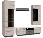 Mueble salón completo jadiel de 240 cm ancho de 4 módulos: mueble tv + estante pared + vitrina alta + vitrina colgante