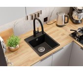 Primagran fregadero cocina negro metallic 38x44cm, fregadero granito 1 seno + sifón, fregadero sobre encimera al mueble 40cm - riga easy