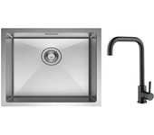 Fregadero de cocina fregadero de acero inoxidable cepillado de 1 seno 50 * 44 cm + mezclador de cocina de acero inoxidable negro estrellado