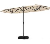 Costway sombrilla terraza exterior doble 4x2m, parasol terraza exterior con luces solares, con manivela y base de sombriila, sombriila jardin terraza