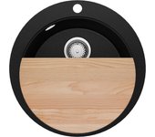Primagran fregadero cocina circular negro metallic 53x53cm, fregadero granito 1 seno + sifón + accesorios, fregadero sobre encimera al mueble 50cm