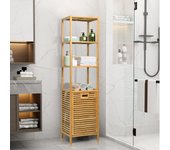Mueble de columna de baño de bambú con 3 estantes y cesta de lavandería basculante, para cuarto de baño, 40 x 33 x 160 cm, natural