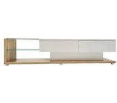 Mueble de tv en blanco brillante y colores madera con paneles de vidrio