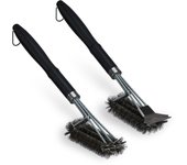 Relaxdays set de 2 cepillos para barbacoa, limpieza parrilla con raspador, 45 cm, escobilla alambre triple, negro