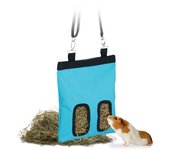 Relaxdays bolsa de heno para animales pequeños, de tela, 31x25 cm, saco de hierba para conejos, hámsters, azul/negro