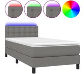 Cama con somier, colchón y luces led, tela gris oscuro, 90x200 cm