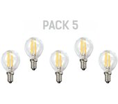 Pack x5 bombilla ledeco esférica de filamento e14 450lm 4w 3000k 15.000h transparente