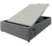 Cama individual 90×190 cm con almacenaje hidráulico, estructura metálica, algodón gris, con puerto usb y tipo c