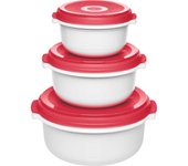 Emsa micro family juego de sartenes para microondas, 3 piezas, blanco/rojo