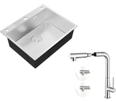 Auralum max fregadero cocina empotrable,1 bandeja,60*49*20cm, acero inoxidable 304,silver+mezclador cocina con ducha extraíble rotativo 360°
