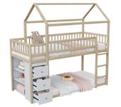 Cama litera para niños 90x200 cm, forma de casa, diseño con barrera de seguridad, con cómoda y estantes de almacenaje