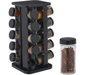 Relaxdays especiero giratorio con 20 botes, con dosificadores, soporte especias reutilizable, acero inoxidable, negro