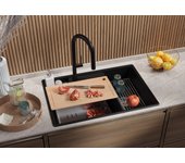 Primagran fregadero cocina negro metallic 78x53cm, fregadero granito 2 senos + sifón + accesorios, fregadero sobre encimera al mueble 80cm - paris