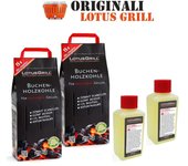 2x lotusgrill carbón mdf de haya bolsa de 2,5 kg incl. 2x lotusgrill pasta 200 ml, ambos hechos para barbacoa raucharmes con lotusgrill