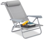 Relaxdays tumbona plegable con reposacabezas, abrebotellas, reposabrazos ajustable, plástico, acero, 120 kg, gris