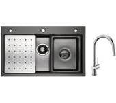 Cecipa max fregadero de 1 seno 70×45×21,5 cm negro con escurridor, lavabo y dosificador de jabón + mezclador de cocina con ducha extraíble cepillado