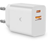 Cargador de red ksix 30 w, pps, power delivery, carga ultra rápida, multipuerto 1 x usb-c + 1 x usb-a, blanco
