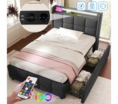 Cama con cabecero integrado, iluminación led y 2 cajones, 90x200cm,gris
