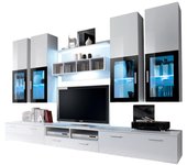 Composición de muebles para tv de la colección lora. colores blanco mate y blanco brillante.