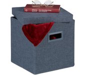 Relaxdays taburete plegable con almacenamiento, reposapiés cuadrado con tapa, 29,5x29,5x29,5 cm, con asas, azul gris