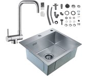 Fregadero de cocina cecipa max de 1 lavabo, 50 x 45 x 18,5 cm, fregadero cuadrado de inox cepillado + grifo de cocina abatible plegable con 2 chorros