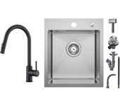 Cecipa max fregadero de cocina 1 seno 40 × 45 cm fregadero de inox cepillado 1 seno + grifo de cocina monomando con ducha extraíble - negro