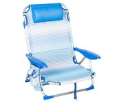 Aktive silla de playa baja plegable y reclinable 4 posiciones rayas azul c/bolsillo, cojín, asa y cierre de seguridad