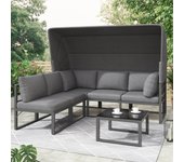 Conjunto de muebles de jardín modulares de metal de 5 plazas con mesa de centro y toldo plegable - tapa de cristal - negro