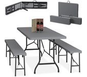 Relaxdays conjunto jardín plegable, 3 piezas, mesa de exterior, 2 bancos de patio, camping o recepción, 180 cm, gris