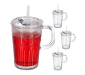 Relaxdays set de 4 vasos, jarras para beber con tapa y pajita, jarritas batidos 450 ml, vasitos con asa, transparente