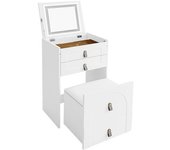 Tocador con taburete de maquillaje, espejo con led, 3 cajones, blanco