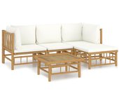 Set de muebles de jardín 5 piezas bambú y cojines blanco crema