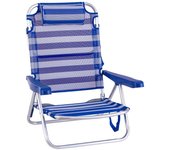 Silla de playa baja con cojín y reclinable 4 posiciones convertible en tumbona azul y blanco