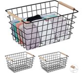 3 cestas metálicas rejilla alambre con asas madera, canasto almacenaje rectangular, 16x31x21cm, negro