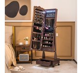 Armario para joyas organizador con cerradura 3 posiciones ajustables 4 ruedas espejo de cuerpo marrón csw228807