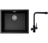 Fregadero de 1 lavabo de cuarzo y resina, 3 opciones de montaje, 55*44*20 cm + mezclador de fregadero de 3 vías, 2 palancas, negro