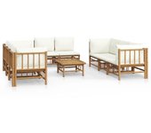 Set de muebles de jardín 9 piezas bambú y cojines blanco crema
