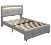 Cama tapizada 90x200 cm, con led, 2 cajones, tapizado en lino gris