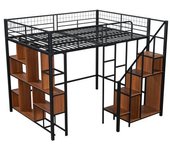 Cama mezzanine multifuncional 140 x 200 cm, cama de metal con almacenamiento integrado, estantes y escalera, negro/blanco