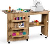 Costway mesa maquina de coser plegable, 2 en 1 mueble maquina coser con 3 compartimientos, 1 estante de almacenamiento y 5 ruedas bloqueables, mesa de