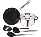 Set cacerola 24x10.5 cm con tapa, acero inoxidable, apta para inducción y sarten 28x6.0 cm aluminio forjado apta para inducción, con juego 3 utensili