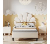 Cama shell con cabecero 90 x 200 cm de terciopelo, somier incluido, beige